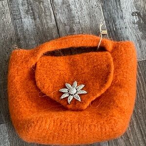 Pumpkin Felted Bag with Vintage Rhinestone Brooch Accent